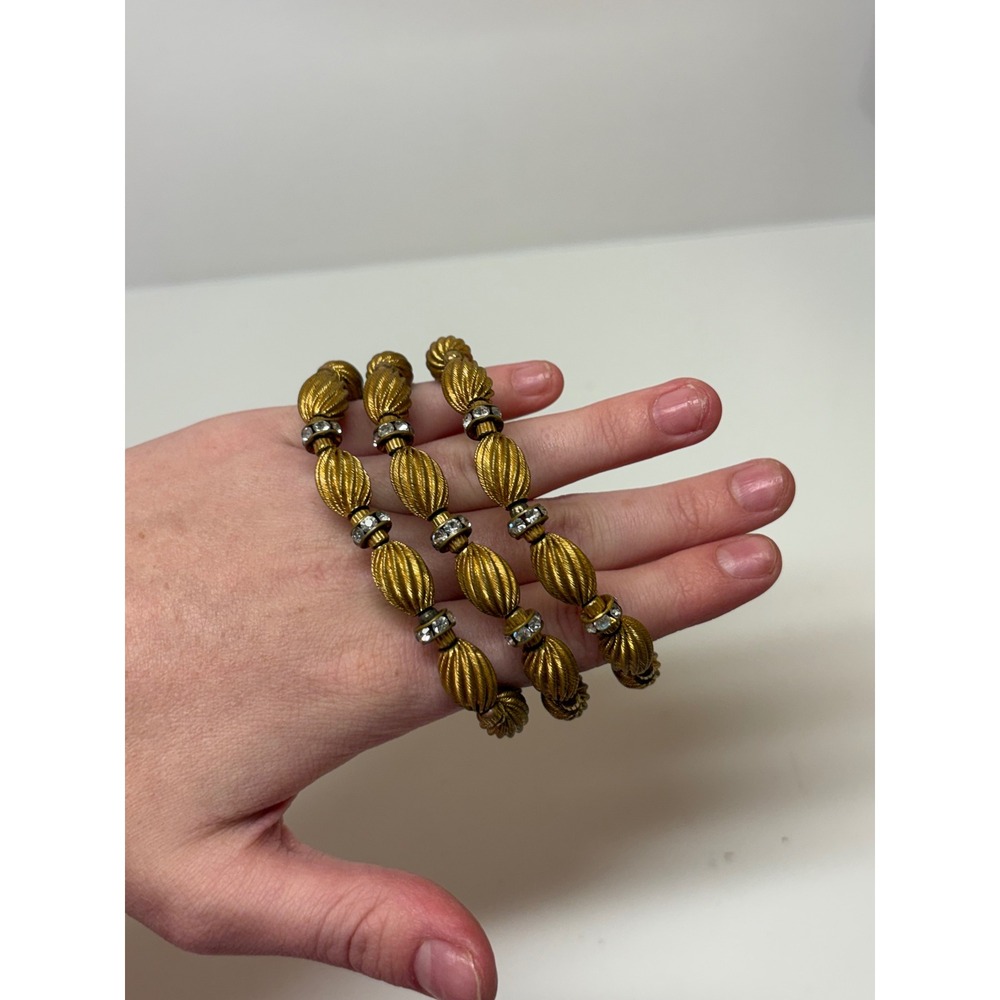 Vintage Gold Tone Triple Strand Textured Bead Rhinestone Leaf Clasp Bracelet